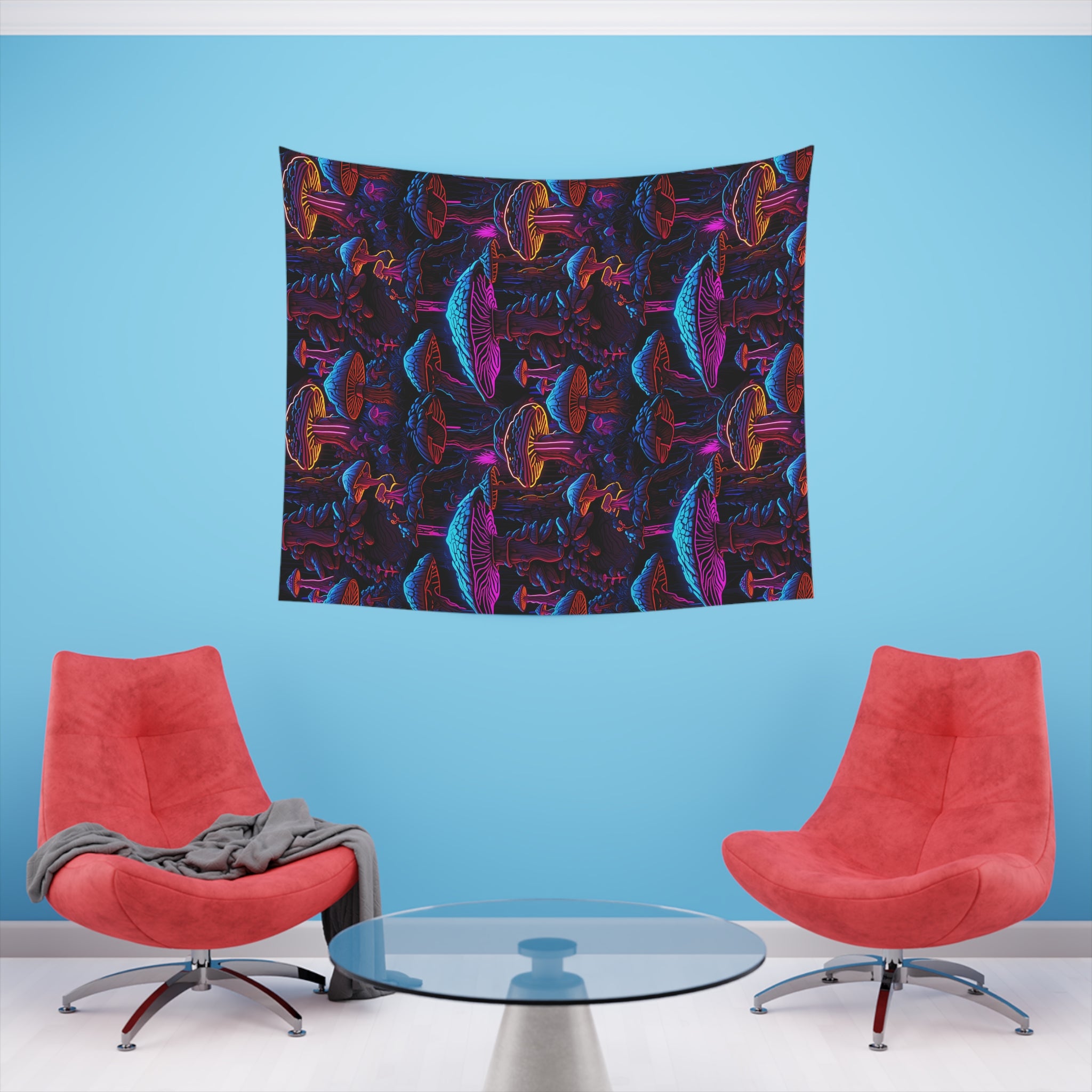 Neon Mushroom Meltdown Printed Wall Tapestry