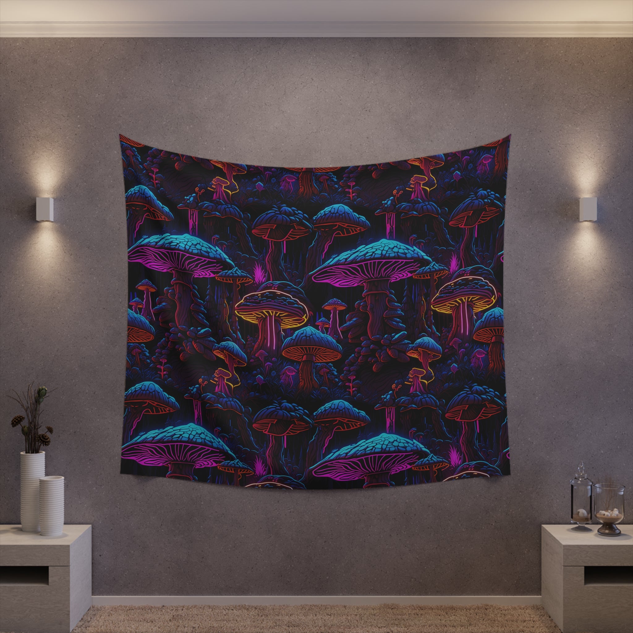 Neon Mushroom Meltdown Printed Wall Tapestry